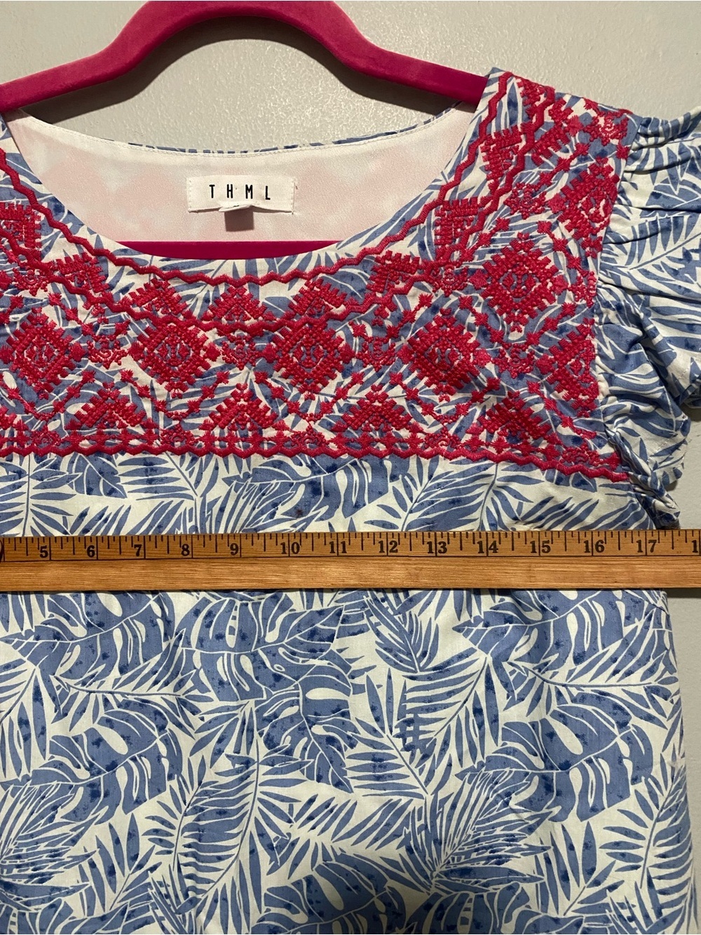 THML Blue and Fuchsia Embroidered Sheath Cotton Dress Medium Boho Coastal Preppy - Picture 7 of 8
